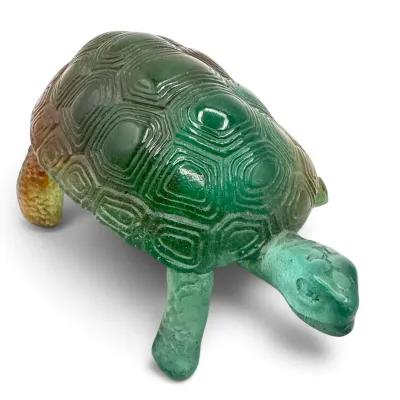 Sale Photo Thumbnail #31: Vintage molded glass turtle figurine featuring a textured green shell and frosted glass head and legs.