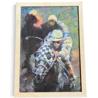 Sale Photo Thumbnail #65: Impressionistic oil painting depicting a horse race with jockeys, signed "ADEL" in red, presented in a simple linen-textured frame.
