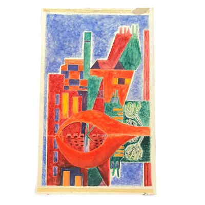 Sale Photo Thumbnail #68: Abstract cubist-style pastel or crayon drawing on paper, featuring geometric buildings and a central orange form against a blue background.
