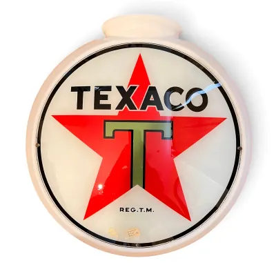 Sale Photo Thumbnail #96: Vintage Texaco gas pump globe featuring the iconic red star and green 'T' logo on a white glass body.