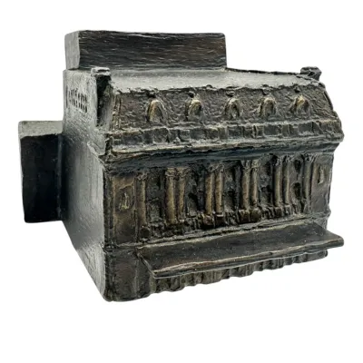 Sale Photo Thumbnail #95: Vintage cast bronze architectural model or bookend depicting a classical building facade with columns and a mansard roof.