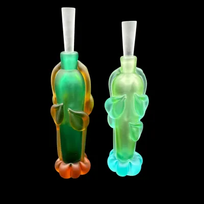 Sale Photo Thumbnail #18: Pair of art nouveau style frosted glass perfume bottles with organic leaf motifs and tall stoppers, featuring vibrant green, orange, and blue gradients.