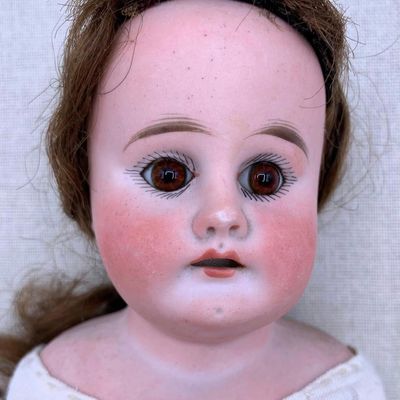 Sale Photo Thumbnail #188: Antique Porcelain Brown Glass Eye Open Mouth Dimpled Chin Victorian Era Doll