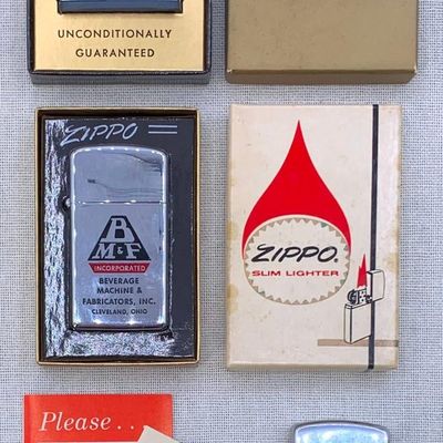 Sale Photo Thumbnail #406: 3 pc Vintage NOS and Used ZIPPO Lighters and Rule with Boxes, Cleveland Oh Co Advertising