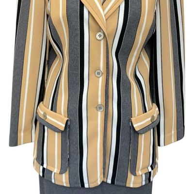 Sale Photo Thumbnail #303: Snazzy 1970s Striped Polyester 2 pc Vintage Skirt Suit