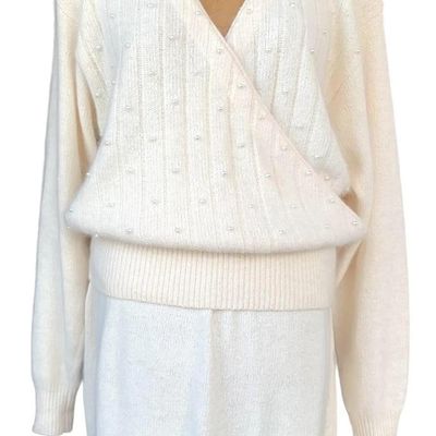 Sale Photo Thumbnail #104: Gorgeous Vintage 2 pc Pearl Trimmed Silk Angora Fur Blend Crossover Sweater and Skirt Ensemble