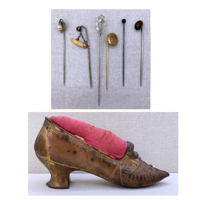 Sale Photo Thumbnail #253: Large Antique Victorian Cast Metal Spool Heel Evening Shoe Pin Cushion with 6 Early Stickpins