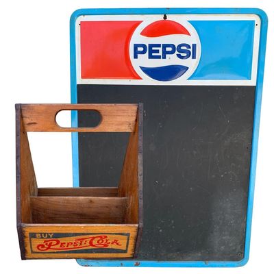Sale Photo Thumbnail #111: 2 pc Vintage Pepsi-Cola Metal Chalkboard Sign and Wooden Pepsi Advertising Soda Bottle Tote