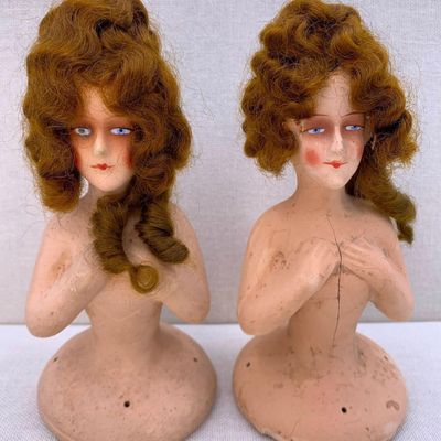 Sale Photo Thumbnail #366: Pair Antique German c1920s Auburn Haired Boudoir Papier Mache Half Dolls