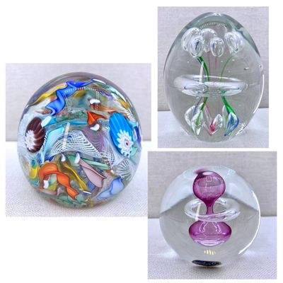Sale Photo Thumbnail #442: 3 Vibrant Vintage Studio Art Glass Paperweights: Venetian Latticino Scramble, Bohemian