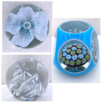 Sale Photo Thumbnail #333: 3 Aquamarine Vintage Studio Art Glass Paperweights: Cased Millefiori, Controlled Swirl, Floral