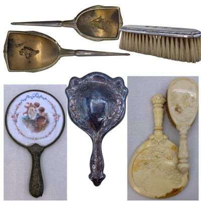 Sale Photo Thumbnail #170: 7 Antique to Vintage Looking Glass 800 Silver, Celluloid, Hand Mirrors, Hair and Garment Brushes