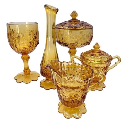 Sale Photo Thumbnail #346: 7 pc Vintage Amber Fenton Cabbage Rose Lidded Compote, Bud Vase, Cream/Sugar, Goblet Collection