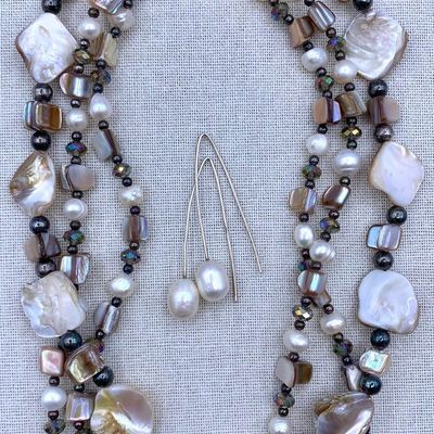 Sale Photo Thumbnail #365: Superb Triple Strand Freshwater Pearl, MOP, Silver Bead Necklace and Baroque Pearl Sterling Earrings