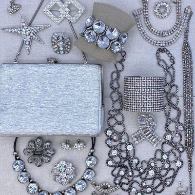 Sale Photo Thumbnail #49: Radiant 23 pc WEISS Vintage Mid Century to 90s Rhinestone Jewelry & Clutch Collection