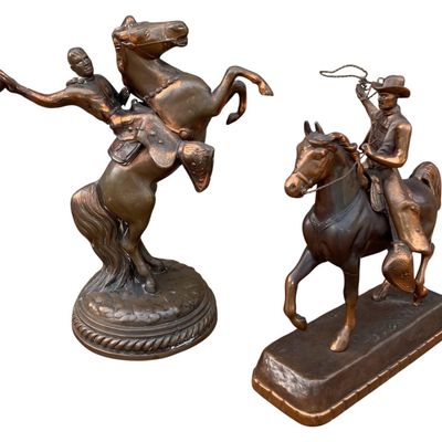 Sale Photo Thumbnail #89: 2 Vintage Mid Century Cast Metal Cowboy, Rodeo, Horse Sculptures