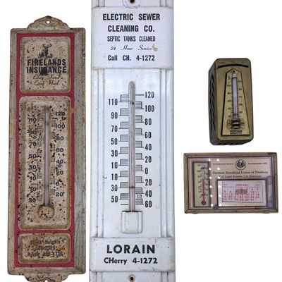 Sale Photo Thumbnail #374: 4 Working Vintage Art Deco to Mid Century Metal Advertising Thermometers