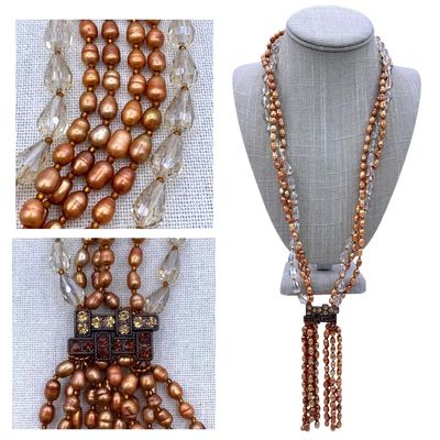 Sale Photo Thumbnail #356: Dramatic Cinnamon Spice Baroque Freshwater Pearl Faceted Crystal Tasseled Statement Necklace