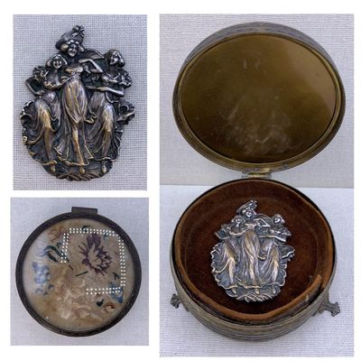 Sale Photo Thumbnail #52: Antique 800 Silver Repousse Figural Brooch in Victorian Silk Velvet Lined Needlework Jewel Casket