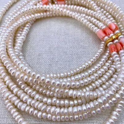 Sale Photo Thumbnail #417: Exquisite Vintage Triple Strand Button Freshwater Pearl and Carved Coral Floral Necklace