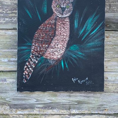 Sale Photo Thumbnail #393: Large Vintage Artist Signed Hand Painted Woodland Forest Horned Owl Oil Painting
