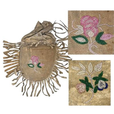 Sale Photo Thumbnail #5: 19th Century Native American Plains Indian Fringed Buckskin Floral Seed Bead Trimmed Medicine Bag