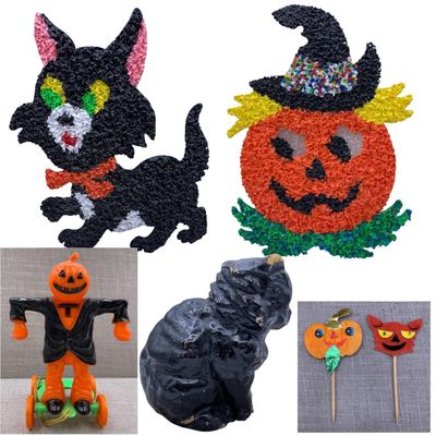 Sale Photo Thumbnail #354: 7 pc Vintage Halloween Black Cat and Jack-o-Lantern Candy Containers, Tin Horn, Decoration Lot