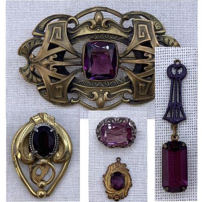Sale Photo Thumbnail #72: 5 pc Antique Victorian to Art Deco Amethyst Glass Jewelry Collection