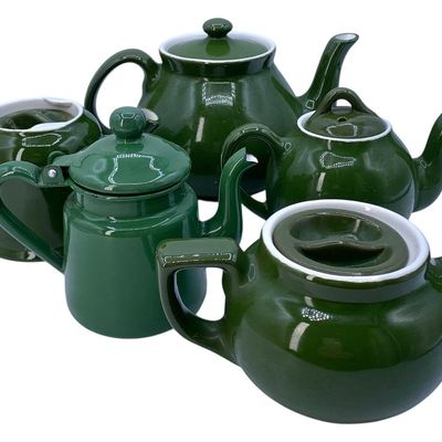 Sale Photo Thumbnail #388: 5 Vintage HALL Pottery, Enamel, Pea Green and White Teapots