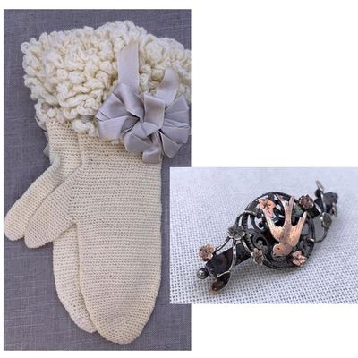 Sale Photo Thumbnail #263: Antique Hand Knit Cream Wool Ladies Mittens, Early English Sterling Swallow Bird Sweetheart Brooch