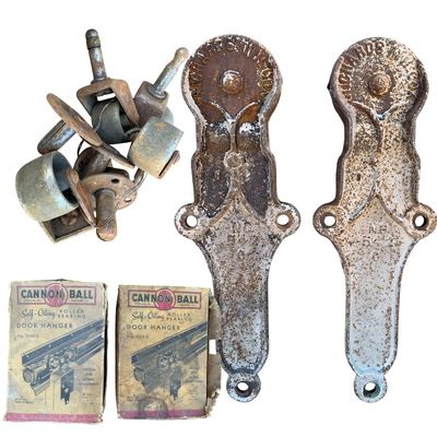 Sale Photo Thumbnail #439: Pair Antique Richards Wilcox Barn Door Trolleys, Cannonball Door Hangers, 29 Industrial Metal Wheels