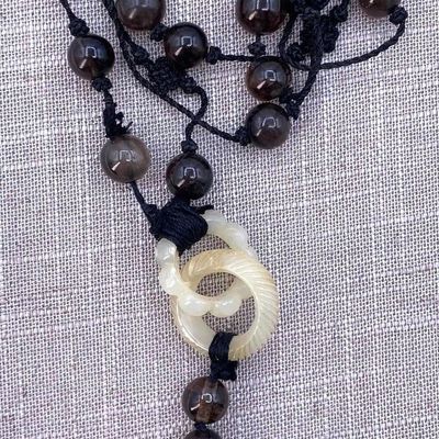 Sale Photo Thumbnail #203: Vintage Hand Carved Pale Celadon Jade Serpent Smoky Quartz 44 inch Circumference Necklace