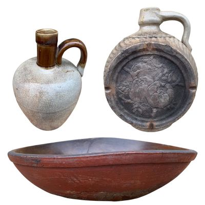 Sale Photo Thumbnail #224: 3 pc Antique Primitive Farmhouse Barn Red Wood Dough Bowl and Early Stoneware Jugs