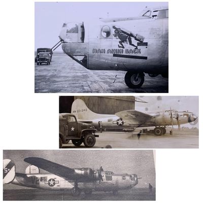 Sale Photo Thumbnail #313: 3 pc 374th/361st Fighter Squadron Personal WWII US Soldier Photo Lot: Mah Aikin Back, B-24, B-17
