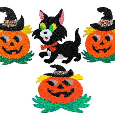 Sale Photo Thumbnail #260: 4 Vintage Black Cat and Jack-o-lantern Melted Plastic Disc Halloween Wall, Window, Decorations