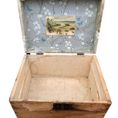 Sale Photo Thumbnail #269: Small Antique Victorian era Butterfly Wallpaper Lined Lidded Wood Travel Trunk