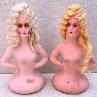 Sale Photo Thumbnail #158: Pair Antique German c1920s Strawberry and Platinum Blonde Boudoir Papier Mache Half Dolls