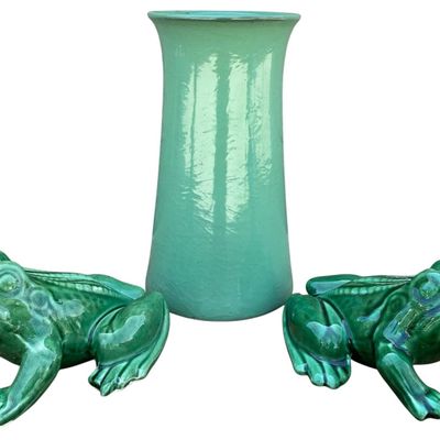 Sale Photo Thumbnail #108: Pair Vintage Pottery Frogs and Substantial Arts and Crafts era Antique Pottery Studio Vase