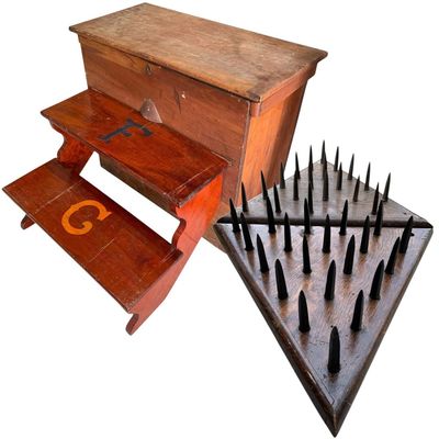 Sale Photo Thumbnail #184: Antique Knights of Pythias Initiation Spikes of Steel Psychological Ritual Box, Steps and Spikes