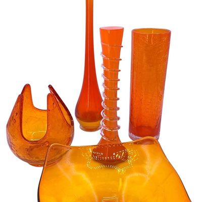 Sale Photo Thumbnail #342: 5 Vibrant Mid Century Swung Amberina, Persimmon, Crackle Vintage Art Glass
