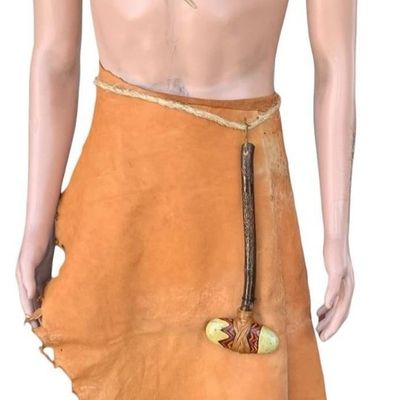 Sale Photo Thumbnail #412: Adult Size Male Mannequin with Metal Base, Tanned Hide, Painted Stone Weapon and Faux Fang Necklace