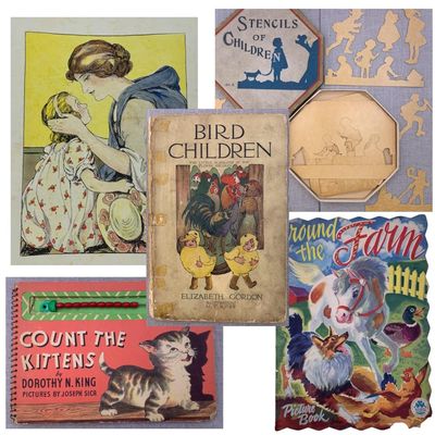 Sale Photo Thumbnail #213: 11 pc Antique to Vintage Children's Reading Books, Painting Art Books and Box of Stencils