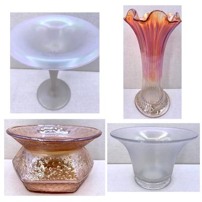 Sale Photo Thumbnail #425: Antique Steuben Verre de Soie Compote, Vintage Iridized Stretched Bowl, Carnival Spittoon and Vase