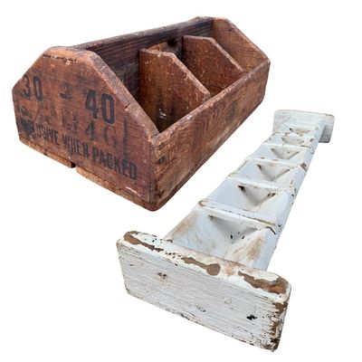 Sale Photo Thumbnail #34: 2 pc Antique Primitive Farmhouse Poultry Feeder Trough & Folk Art Prune Fruit 6 Cubby Tote Caddy