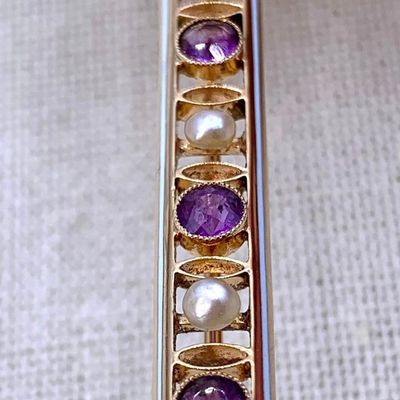 Sale Photo Thumbnail #229: Incredible Antique 14k Yellow Gold, Amethyst and Natural Pearl Filigree Bar Brooch