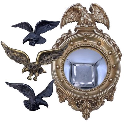 Sale Photo Thumbnail #131: 4 pc Cast Metal Flying Eagle Wall Sculptures and Vintage Syroco Federal Style Eagle Convex Mirror