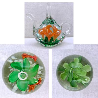 Sale Photo Thumbnail #418: 3 Vibrant Moss, Lime and Tangerine Floral Vintage Studio Art Glass Paperweights