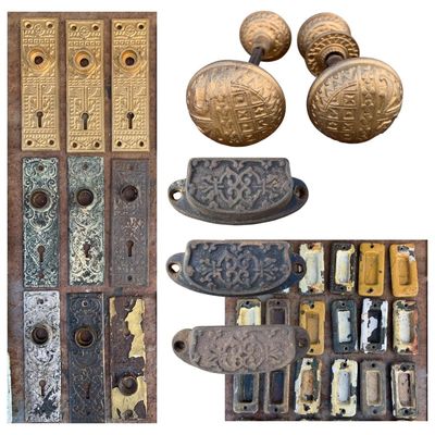 Sale Photo Thumbnail #404: 57 pc Antique Architectural Salvage Matching Embossed Door Backplates, Drawer Pulls and Doorknobs