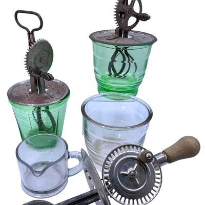 Sale Photo Thumbnail #84: 7 pc Vintage Uranium and Clear Glass Kitchen Hand Mixer Measuring Cups and Rotary Beaters Collection