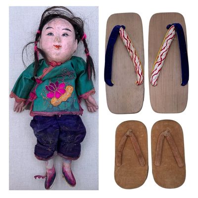 Sale Photo Thumbnail #409: Vintage Chinese Composition Doll, Mid Century Japanese Geta and Child Size Zori Sandals
